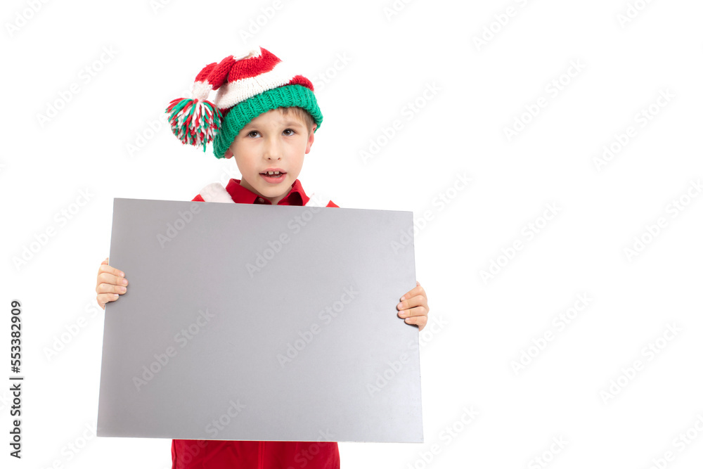 Funny boy dressed as santa claus holds a blank banner. Funny boy dressed as santa claus holds a blank banner.