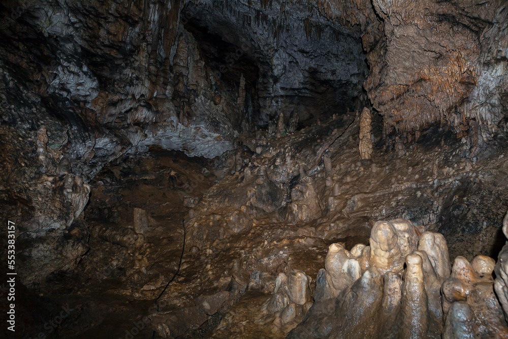 Stalactites and stalagmites in the cave 