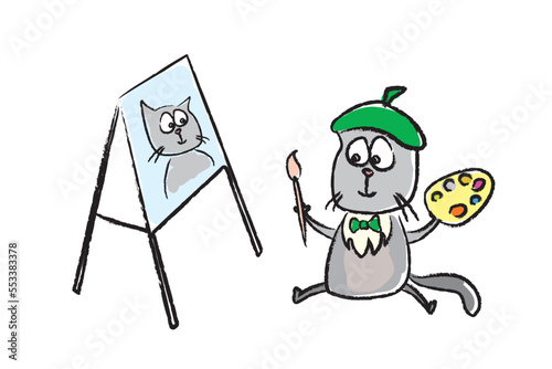 Cute cat in beret holds brush and palette and draws picture. Animal artist draws self-portrait. Creative pet, fine art. Funny cat in hand drawn style, doodle. Mammal character.