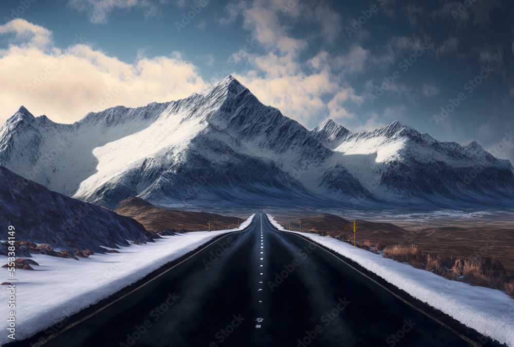 Asphalt road in the countryside, with mountains covered with snow as a backdrop. Generative AI