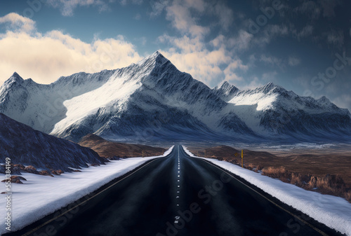 Asphalt road in the countryside  with mountains covered with snow as a backdrop. Generative AI