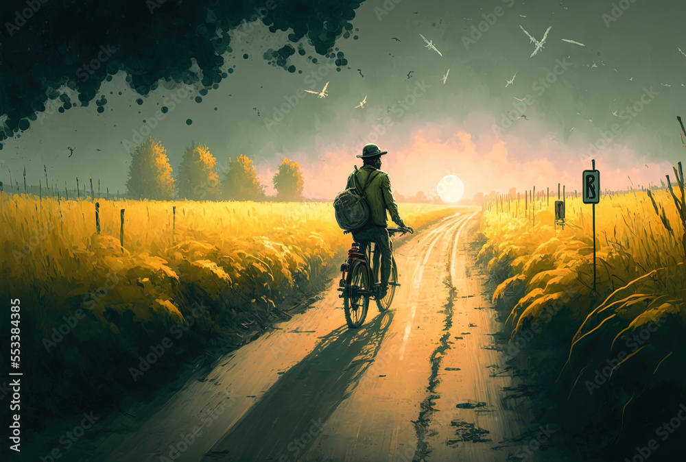 Fototapeta premium Agricultural cyclist on a rural road. Generative AI