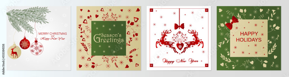 A set of cards, postcards, New Year's and Christmas greetings. Corporate postcards with greenery, deer, snowflakes, lettering.
