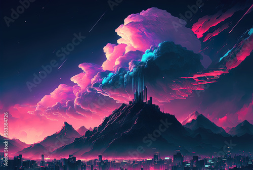 Abstract of cloud sky and mountain in contemporary cyberpunk retrowave city pop style. Generative AI