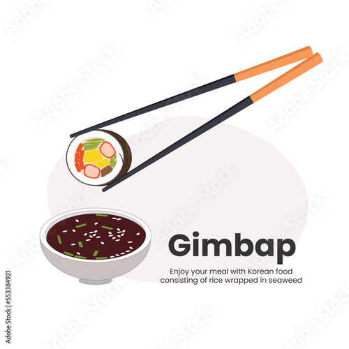 Gimbap from rice, seafood and seaweed. With chopstick and soy sauce 