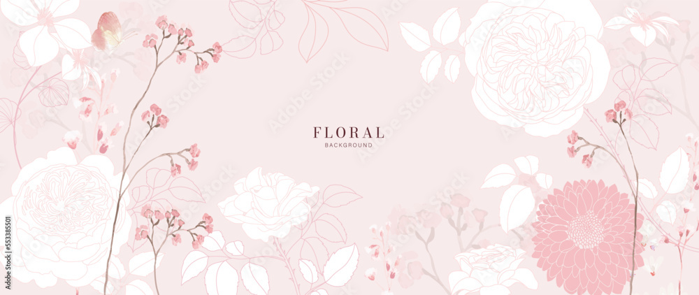 Line Floral and tropical leaf with watercolor flower texture background and screen wallpaper 