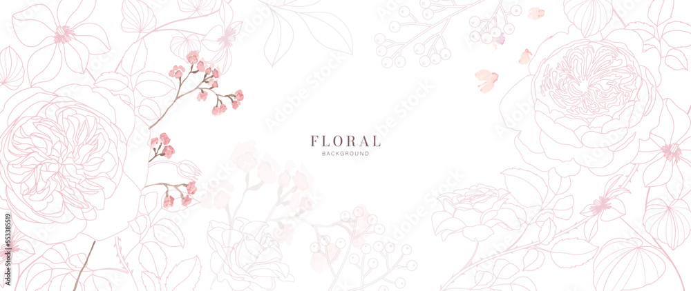 Line Floral and tropical leaf with watercolor flower texture background and screen wallpaper 