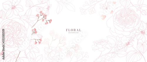 Line Floral and tropical leaf with watercolor flower texture background and screen wallpaper 
