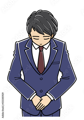 手を組んでお辞儀するスーツの若い男性（上半身）