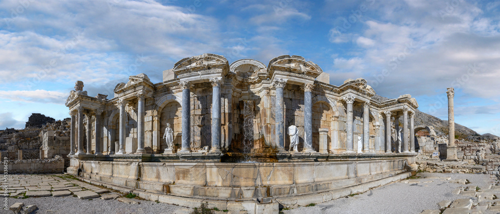 Sagalassos ancient city near Burdur, Turkey. Ruins of monumental fountain or Nymphaeum at the Upper Agora in the roman city.
