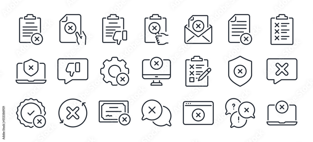Reject, mistake, wrong, close or refuse editable stroke outline icons set isolated on white background flat vector illustration. Pixel perfect. 64 x 64. Reject, mistake, wrong, close or refuse editable stroke outline icons set isolated on white background flat vector illustration. Pixel perfect. 64 x 64.