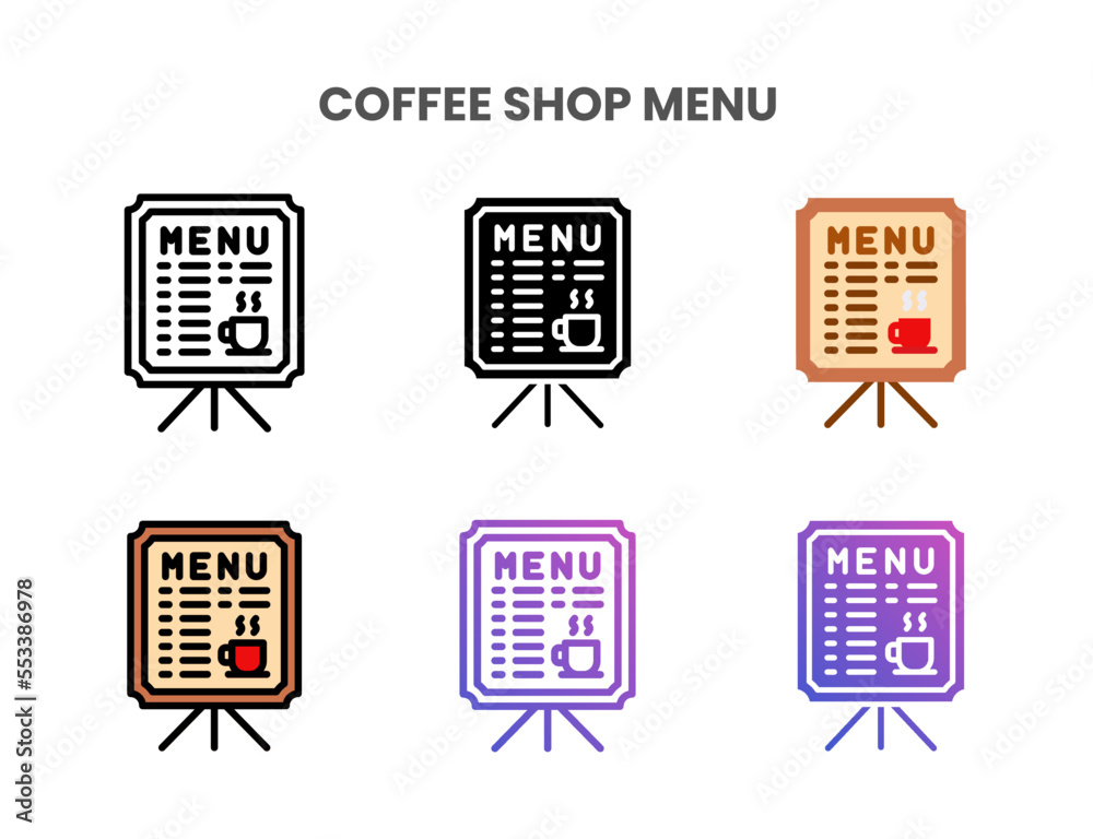 Fototapeta premium Coffee Shop Menu icons vector illustration set line, flat, glyph, outline color gradient. Great for web, app, presentation and more. Editable stroke and pixel perfect.