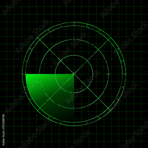 Green radar display. Military enemy search system. Vector illustration.