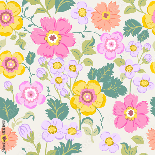 Seamless pattern with delicate pink, yellow and purple flowers on a light yellow background. Romantic floral print, botanical composition with large flower buds, leaves, branches.