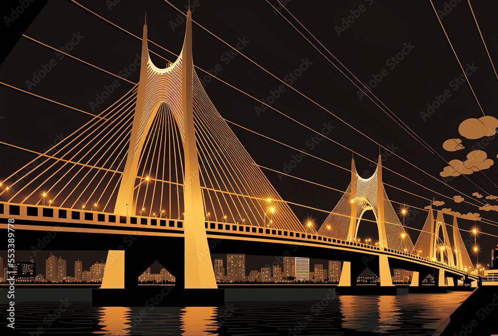 Fototapeta premium 14th of July 2019 in Bangkok, Thailand, Bhumibol Bridges 1 and 2 the biggest bridge with nighttime lighting above the Chao Phraya River. Generative AI