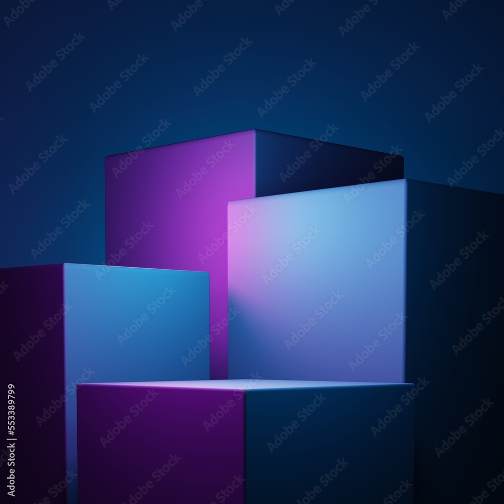 3d rendering of purple and blue abstract geometric background. Scene for advertising, technology, showcase, banner, game, sport, cosmetic, business, metaverse. Sci-Fi Illustration. Product display