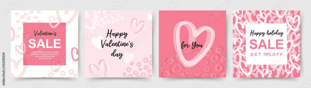 Valentine's day holidays square pink templates. Social media post with hearts. Sales promotion on Valentine's Day. Vector illustration for greeting cards, mobile apps, banner design and web ads