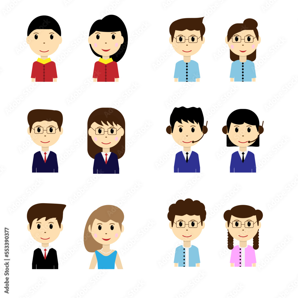 Young flat character man and woman vector collection avatar set isolated Young flat character man and woman vector collection avatar set isolated