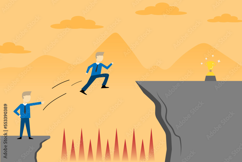 Vector leader businessman jumping past trouble to success valley get the trophy concept