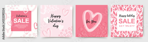 Valentine's day holidays square pink templates. Social media post with hearts. Sales promotion on Valentine's Day. Vector illustration for greeting cards, mobile apps, banner design and web ads