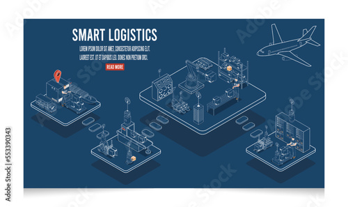 3D isometric Smart logistics concept with Warehouse Logistics and Management, Logistics solutions complete supply chain, transportation truck use wireless technology. Eps10 vector illustration