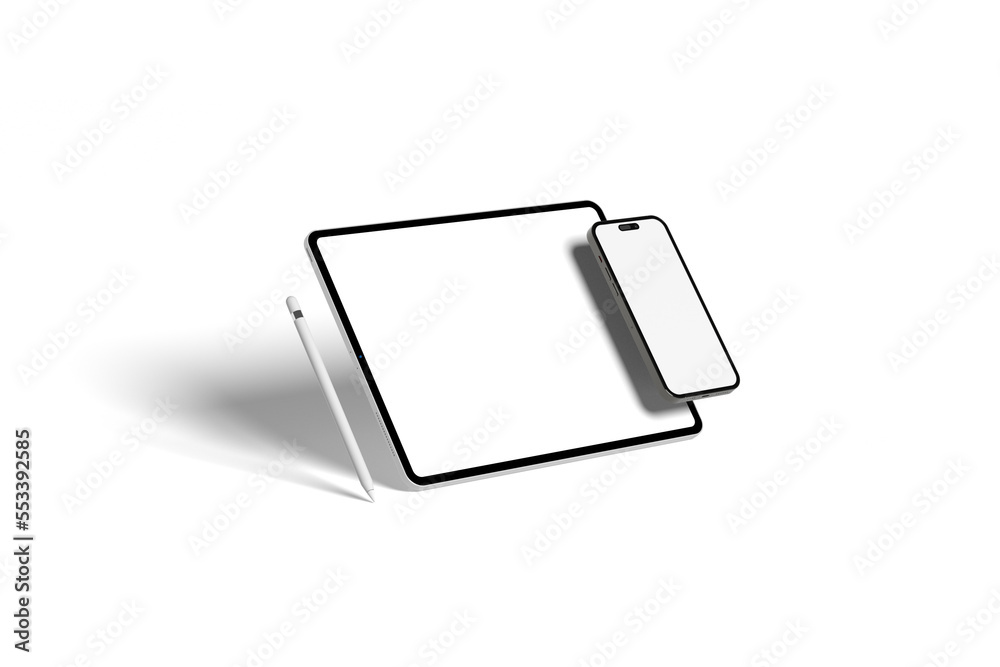 Realistic Tablet and Smartphone Mockup with White Wallpaper Screen Isolated on white Realistic Tablet and Smartphone Mockup with White Wallpaper Screen Isolated on white