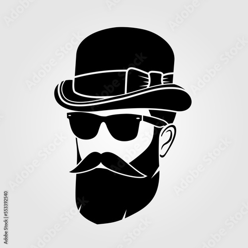 Bearded handsome men in a bowler hat. Hipster face icon isolated. Vector illustration