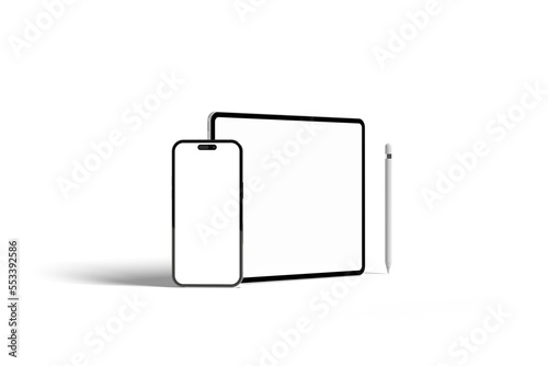 Realistic Tablet and Smartphone Mockup with White Wallpaper Screen Isolated on white