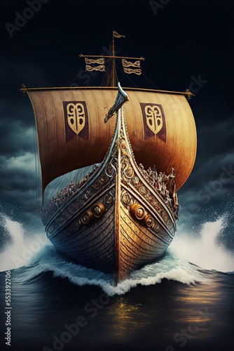 Viking ship sailing the turbulent wavy sea, golden sails. Generative ai. 
