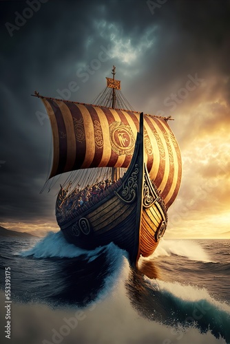 Viking ship sailing the turbulent wavy sea, red sails. Generative ai.  photo