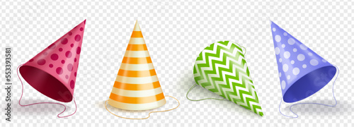 Realistic set of party hats png isolated on transparent background. Vector illustration of red, yellow, green, blue cone caps decorated with dots, stripes and zigzags. Birthday celebration accessory photo