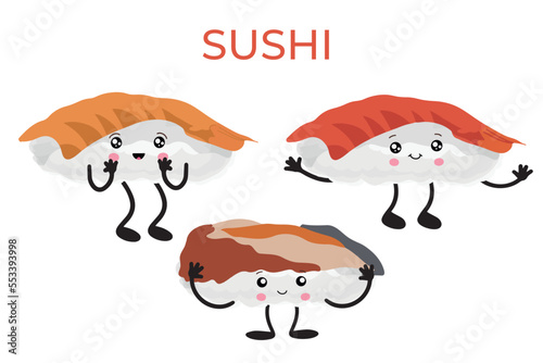 Sushi in the style of kawai, traditional Japanese food. Asian seafood group. Template for sushi restaurant, cafe, delivery.
