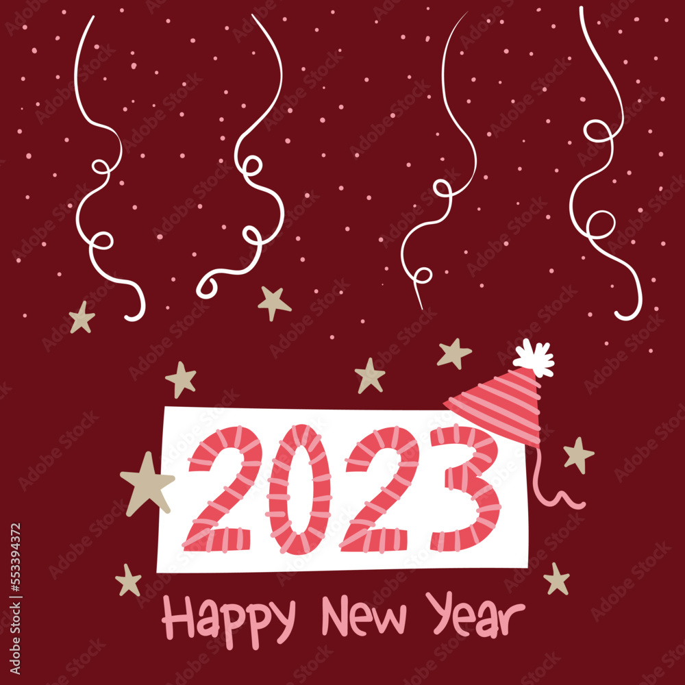 Illustration of a sign with the numbers 2023 decorated and a party hat and a background of confetti and streamers Illustration of a sign with the numbers 2023 decorated and a party hat and a background of confetti and streamers