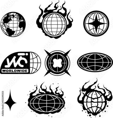 A globe with flames represents global warming. It signifies the Earth and destruction caused by increasing temperatures in style of Y2K 