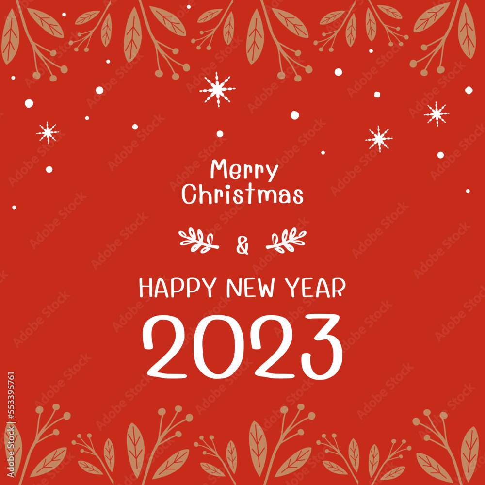 Christmas or New year card with gold branch garland, snowflakes and hand written fonts on red background vector.