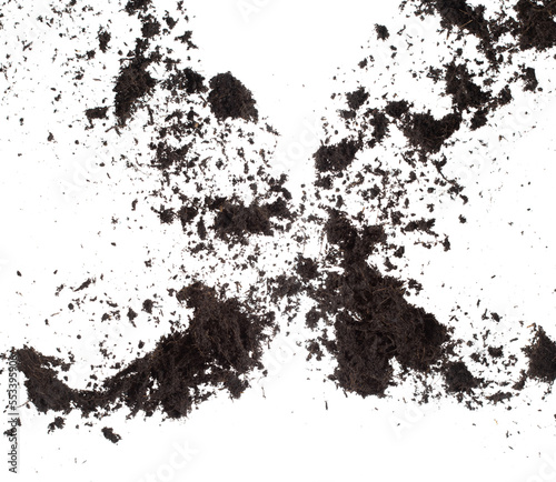 Black Fertilize Soil ready to planting, good organic soils with root for garden farming, fine detail of soil throw fly in air with dust dirty. High speed freeze shot over White background Isolated.