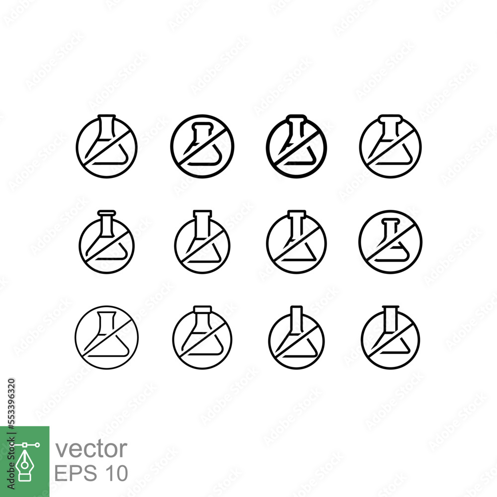 Chemical free icon set. Simple outline style. Free preservative food ingredient, no additives, organic product concept. Triangle flask, forbidden collection. Vector illustration isolated. EPS 10.