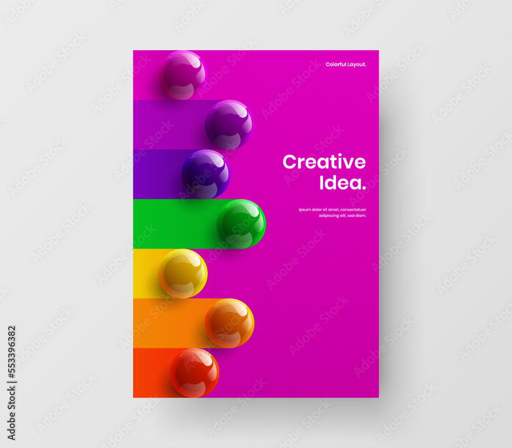 Unique banner A4 vector design concept. Multicolored realistic balls corporate brochure illustration.