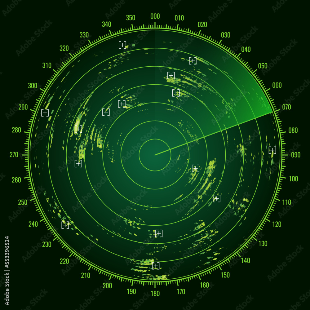 Ship radar screen military sonar monitor, army target detection system vector display, NAVY submarine visual control and search dashboard or airplane navigation interface with signal green blips