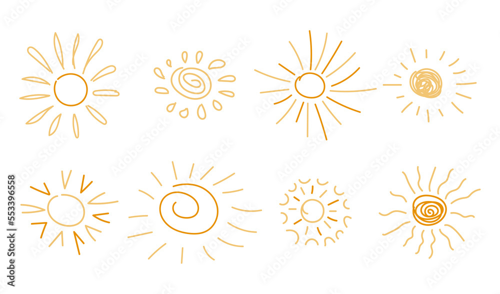 Hand drawn doodle sun set. Cute yellow sunburst illustrations. Childish scribble drawing style. Vector cartoon illustration Hand drawn doodle sun set. Cute yellow sunburst illustrations. Childish scribble drawing style. Vector cartoon illustration