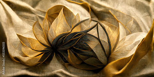 Abstract illustration made of textured fabric with elements of fantastic flowers. Vintage background of beige, gold and black fabric folds. For backgrounds, wallpapers, photo wallpapers, murals.