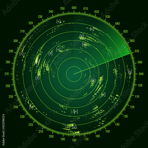 Ship radar screen military sonar monitor, army target detection system vector display, NAVY submarine visual control and search dashboard or airplane navigation interface with signal green blips photo