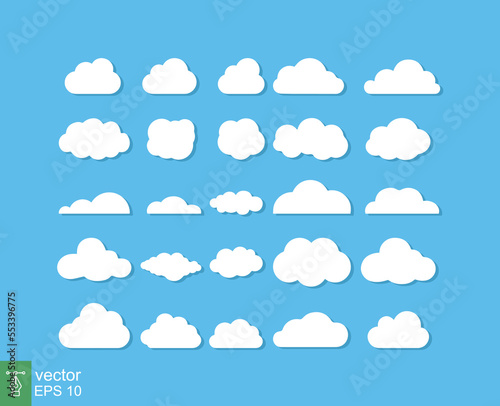 Set of vector cloud icon. Simple flat style. Abstract, decoration element, set of sky symbol, nature concept. Vector illustration isolated on blue background. EPS 10.