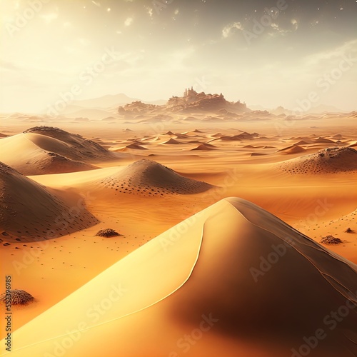 A desert stretching into the horizon with endless sand dunes. 