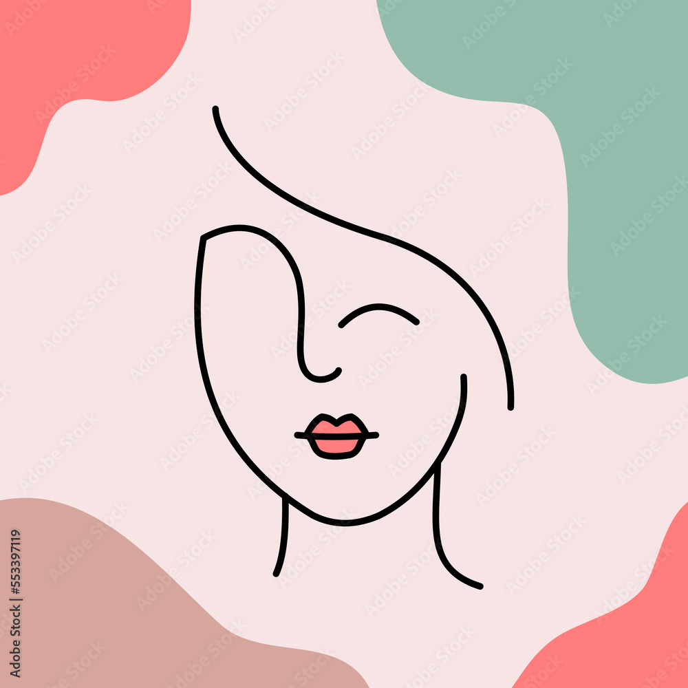 Pixie cut hair girl line art. Young woman face linear style. Girl head with red lips and closed eye. Organic Earthy pastel color background. Female one line art portrait. Vector illustration, clip art