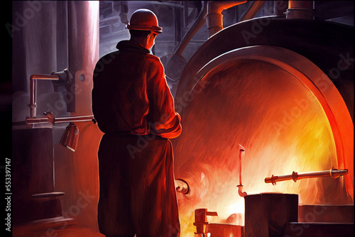 Foundry. Steelworker on background of plant.