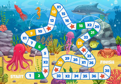 Kids board game cartoon underwater landscape and animals. Vector step riddle worksheet with star shaped path with numbers, start and finish on sea bottom with octopus, squid, crab, jellyfish, dolphin