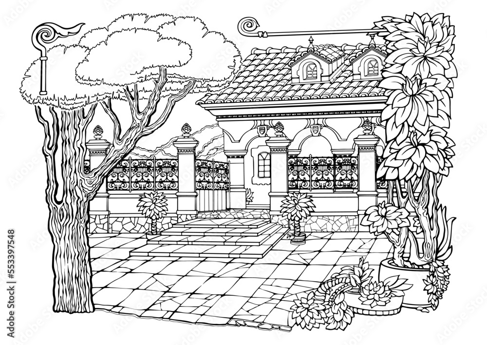 Romantic old town. Coloring Pages. Anti-stress colouring page. Vector