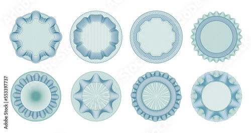 Guilloche rosettes, money banknote watermark frames for certificate, vector currency pattern. Guilloche rosette seal for bank note or bill and voucher, passport visa and diploma watermark frames