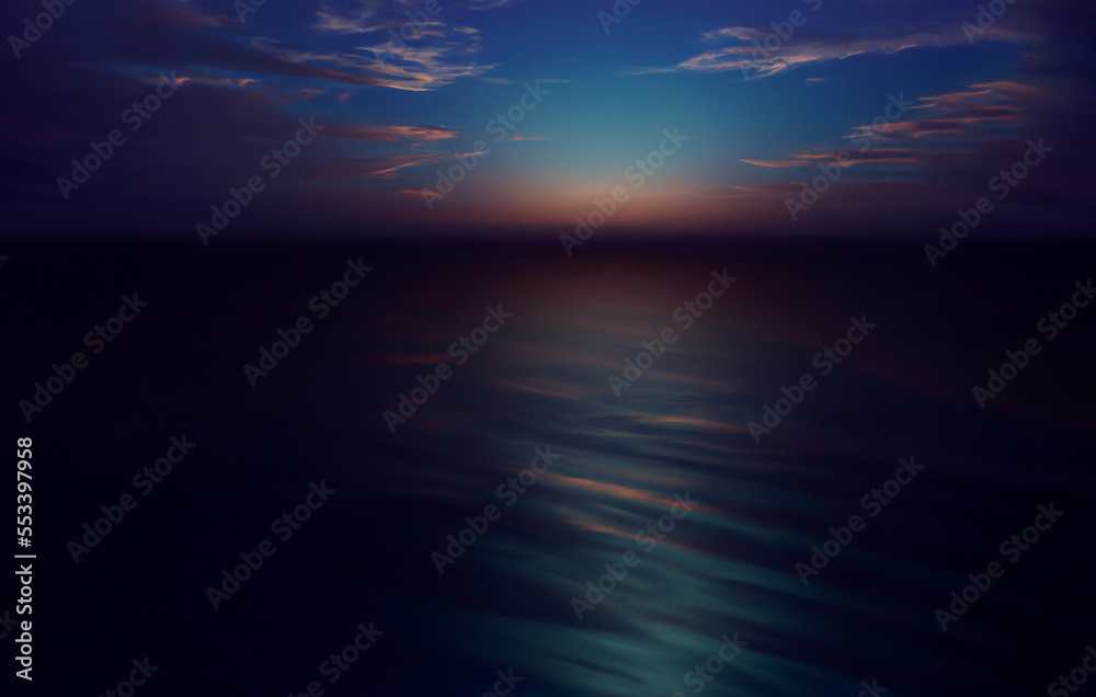 Breathtaking watercolor image of the sea at sunset, featuring a peaceful atmosphere